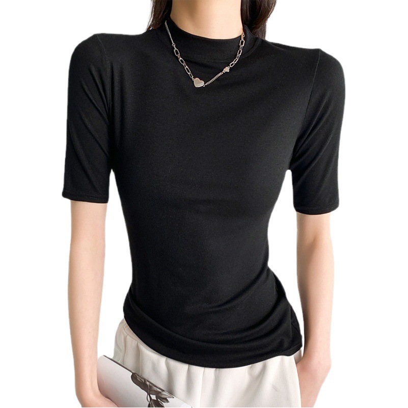 H525 Split-Sleeved Small Stand-Up Collar T-Shirt for Women Summer Thin Slim-Fitting Bottoming Shirt Short-Sleeved Inner Slim Top with Mid-Sleeve for Women