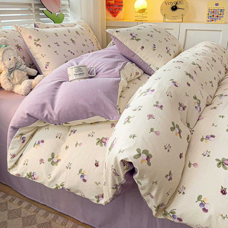Picture of Class A Maternal and Infant Grade Fresh Small Zhu Cotton Four-piece Set Washed Cotton Bed Sheet Quilt Cover Three-piece Set for Student Dormitory