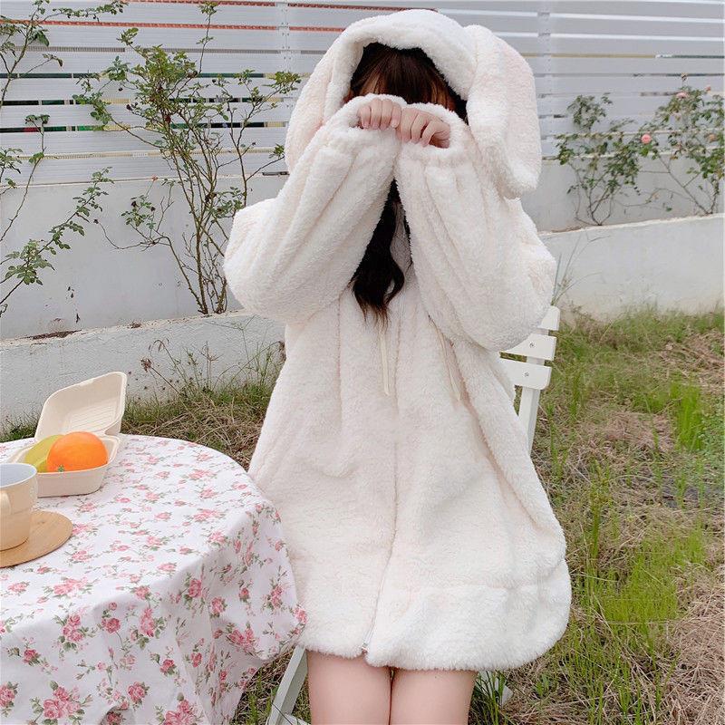 Picture of 2022 Autumn and Winter Japanese Soft Girl Rabbit Ear Mid-length Hooded Sweatshirt Women's Autumn and Winter Cashmere Coat Women