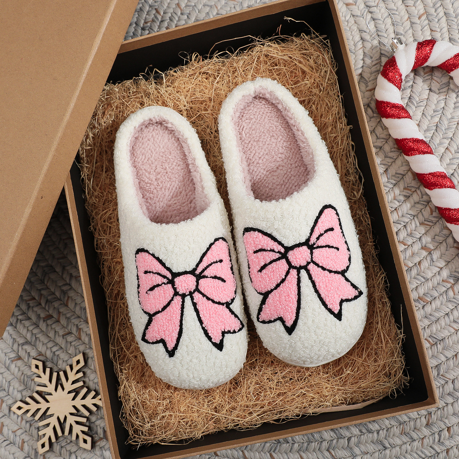 Creative new cute pink bow cotton slippers women home indoor winter plush slippers plus size wholesale