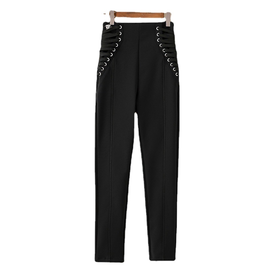 2023 Spring and Summer New High Waist Heavy Industry Tie Rope Waist Slightly Elastic Small Leg Pants Internet Celebrity Tight Casual Leg-Lengthening Pants
