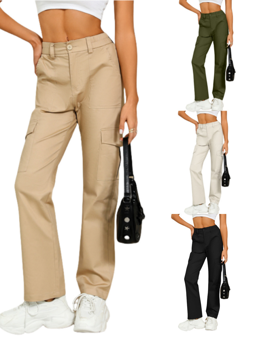 Cross-border European and American Amazon spring and summer new women's high waist multi-pocket loose casual overalls straight long pants