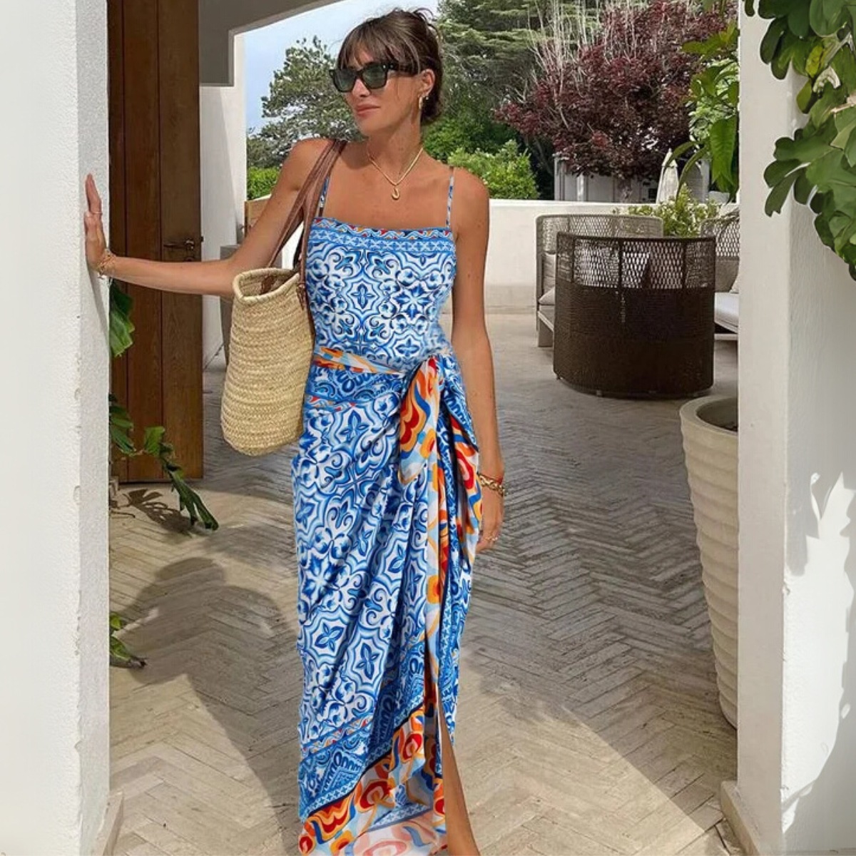 2025 European and American Swimwear Amazon New Ethnic Blue Printed Swimsuit suit Women's Cross-border 25305