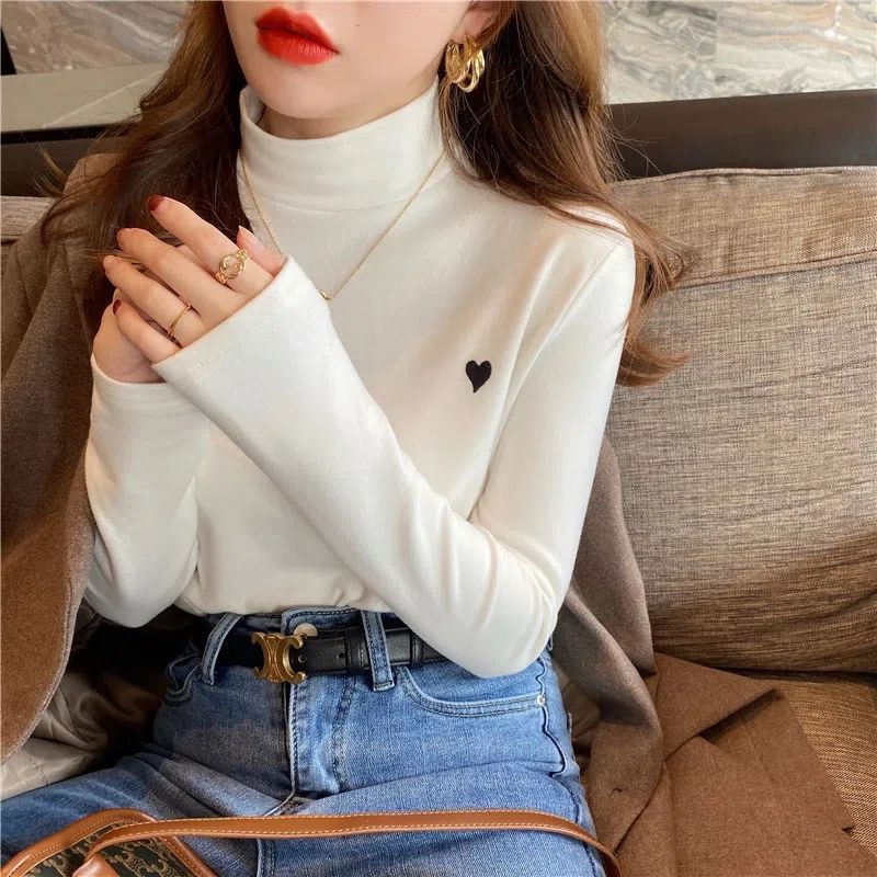 Love Embroidered Double-Sided Velvet Base Shirt Women's Autumn and Winter New Stylish Half-High Neck Sanding Inner Warm Top Fashionable