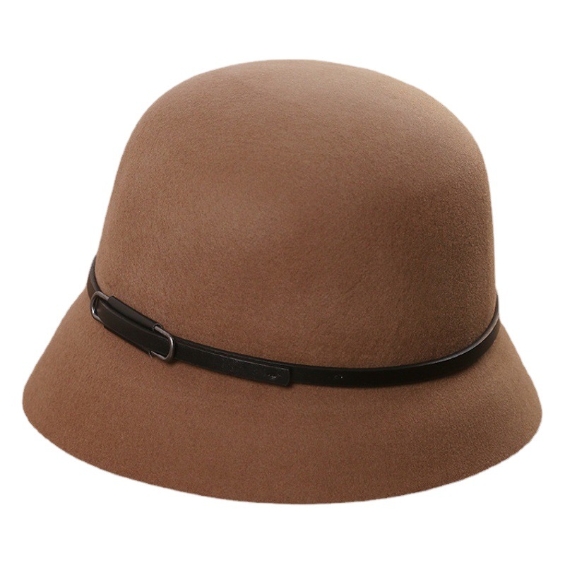 Hat women's autumn and winter British vintage woolen basin hat fisherman hat Korean simple belt decorative small bowler hat all-matching