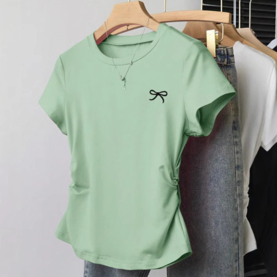 Picture of In-Stock Cute Style Regular Shoulder Short-Sleeve T-Shirt with Printed Waist, Slimming, Versatile Korean Version, Slim Fit, Plus-Size, Slightly Chubby Top for Summer