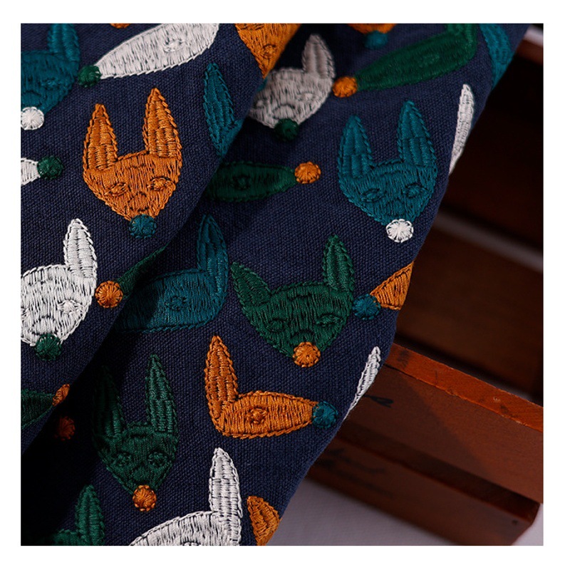 Picture of Manufacturers supply thick linen cotton embroidered Japanese heavy industry Fox embroidered cloth fashion bag handmade women's clothing fabric