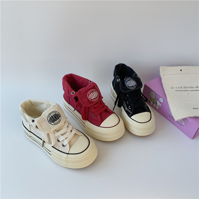 Thick-soled high-top canvas shoes for women 2024 autumn students new Korean style versatile white shoes engraved board shoes far wave 5293