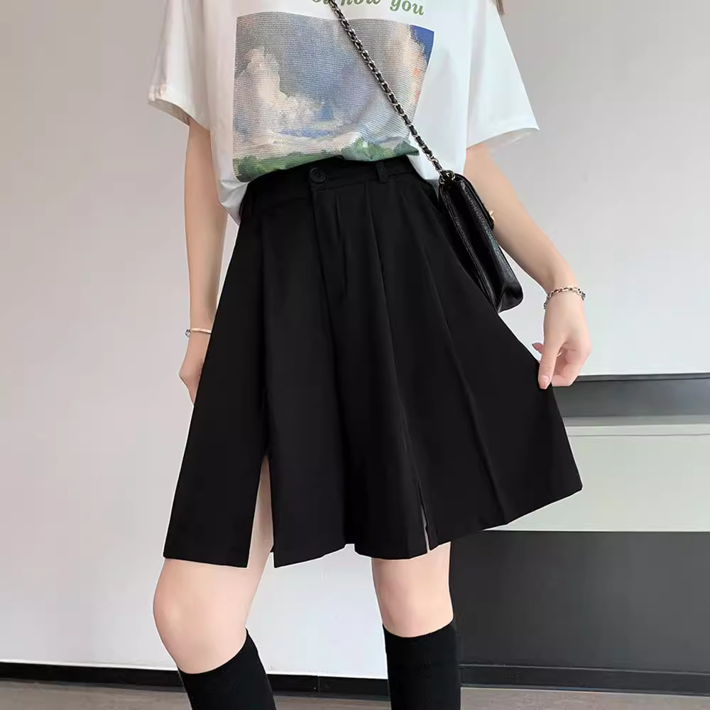 Split Suit Shorts Women's 2025 New Summer High Waist Loose plus size Black Broad Leg Pleated Short Pants