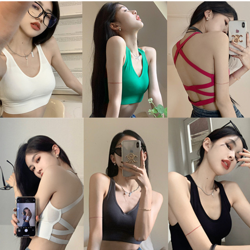 2023 Spice Girls Nightclub Sexy Beautiful Back Cross Small Camisole Women's Belt Chest Pad Push-up Bottoming Summer Outer Wear Tube Top