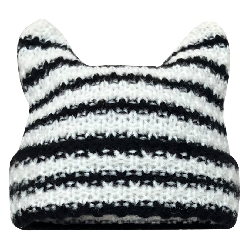 K-Style of Ins Original Little Devil Ears Stripesd Woolen Hat for Women in Autumn and Winter Sexy Street Style Sweet and Cool Knitted Hat Trend