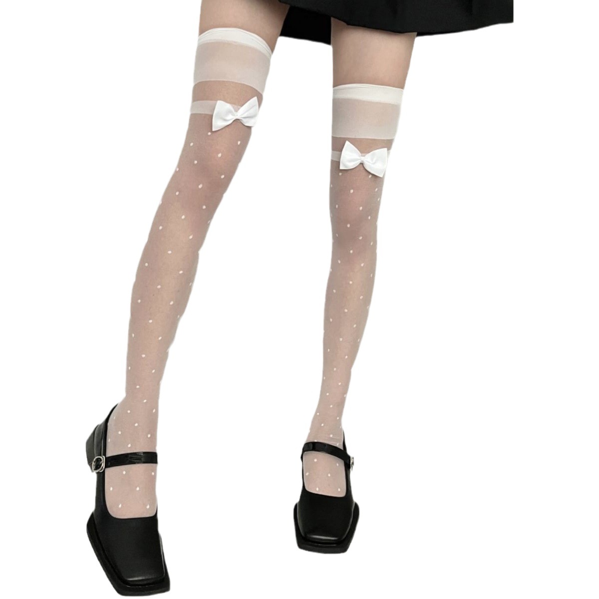 Japanese Black Silk Bow Polka Dot Stockings jk Women's Vintage Polka Dot Socks Thin Black Thigh Over-the-Knee Socks