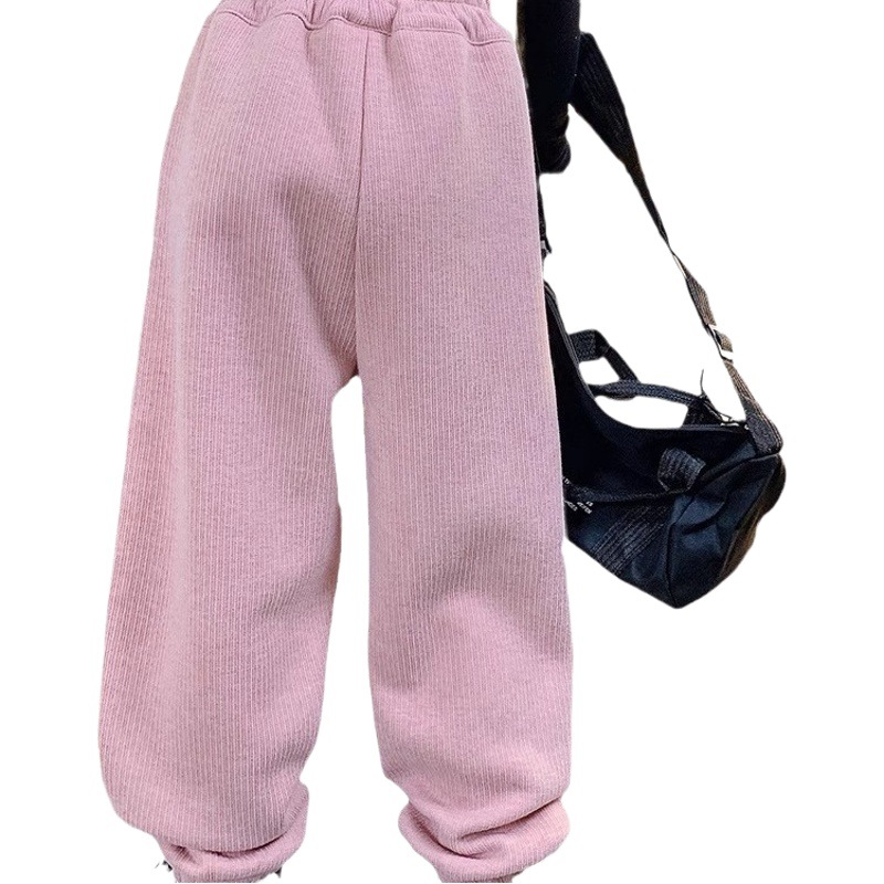 Girls' solid color casual sports pants winter fleece-lined thickened ankle-tied pants Korean style loose children's sweatpants older children and girls