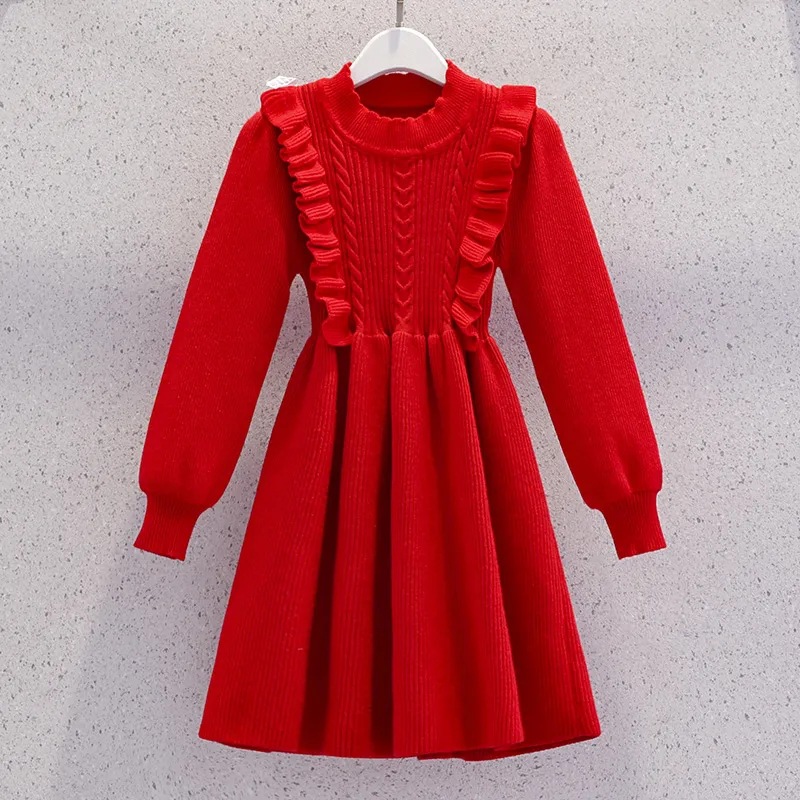 Autumn and winter new fashion solid color casual style dress girls western style long sleeve knitted sweater dress