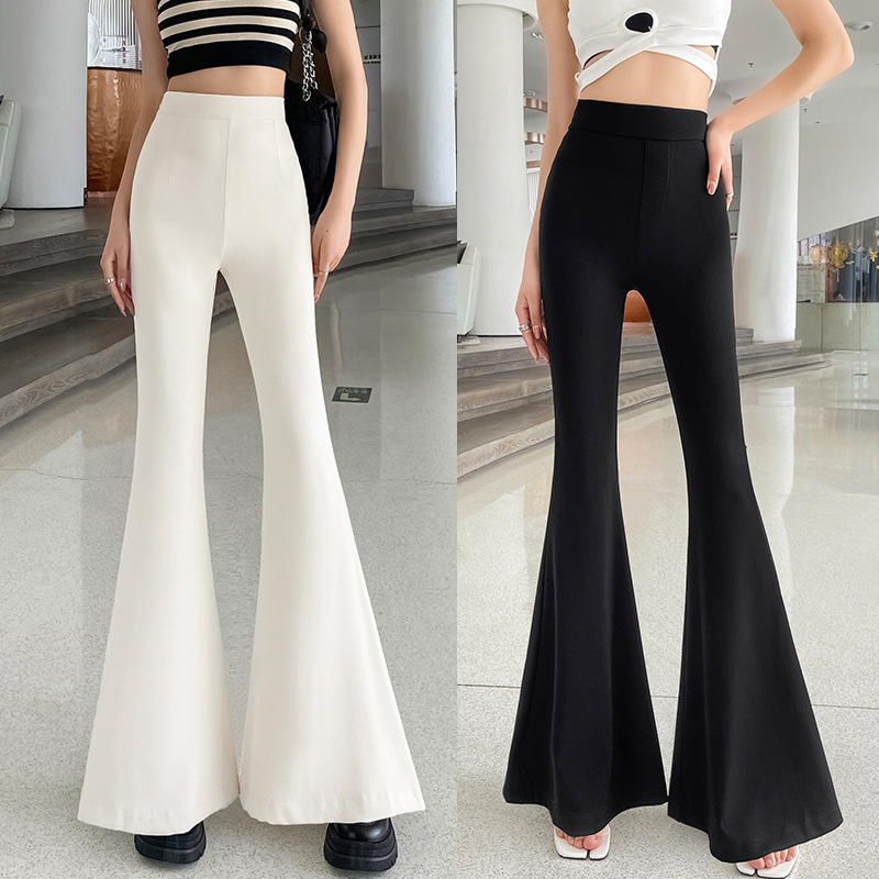 In Stock Autumn/Summer Plus Size Flared Pants for Women, Summer Pants with Elastic High Waist, Slimming Black Flared Pants