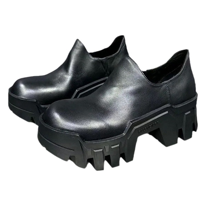 Niche Round Head Thick-soled Shoes Platform Bottom Cowhide Loafers ~ Spring New Stitching Slip-on High-heeled Leather Shoes