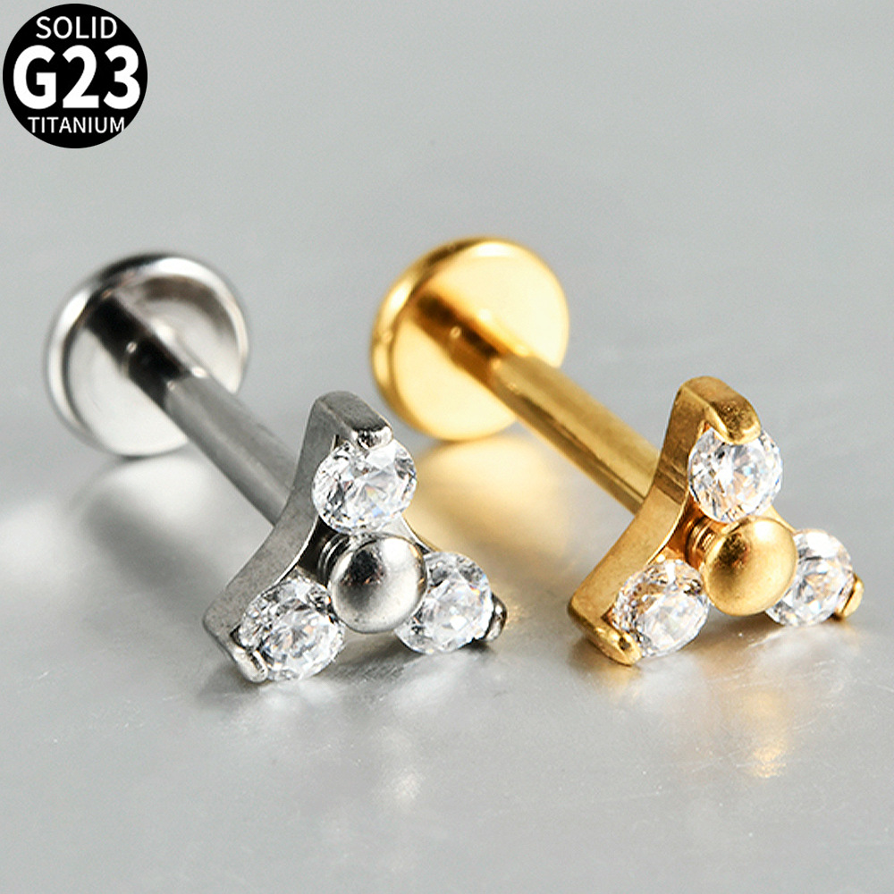 Cross-Border G23 Titanium Alloy Triangular Zirconium Lip Nail Triangular Flower Triangular Internal Thread Ear Bone Nail Piercing Jewelry