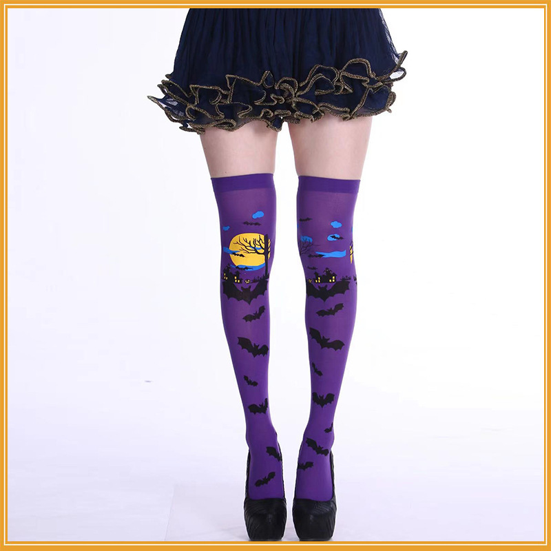 Picture of Cross Cross Cross Stockings Printing Halloween Socks Spider Web Over-the-Knee Socks Black White Lolita Stockings