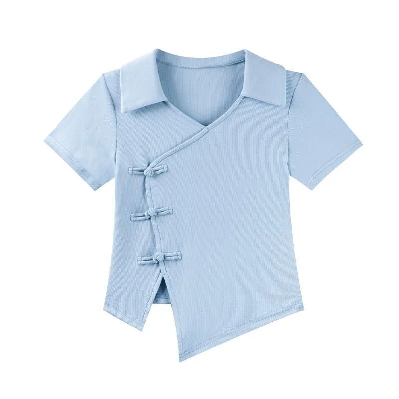Summer Unique Chic Short Design Retro Chinese Button Top Women's Trendy Short-sleeved T-shirt Women's All-match Slimming