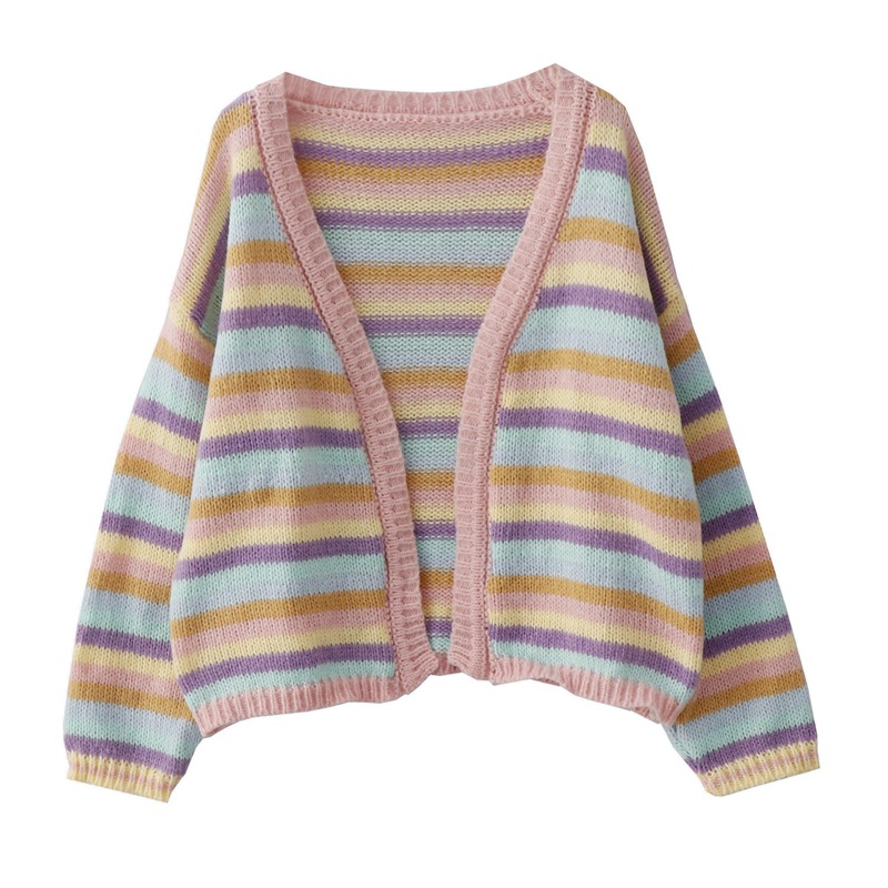 Autumn New Korean Style Gentle Style Age-reducing Rainbow Striped Loose Casual Style Knitted Cardigan Jacket Top