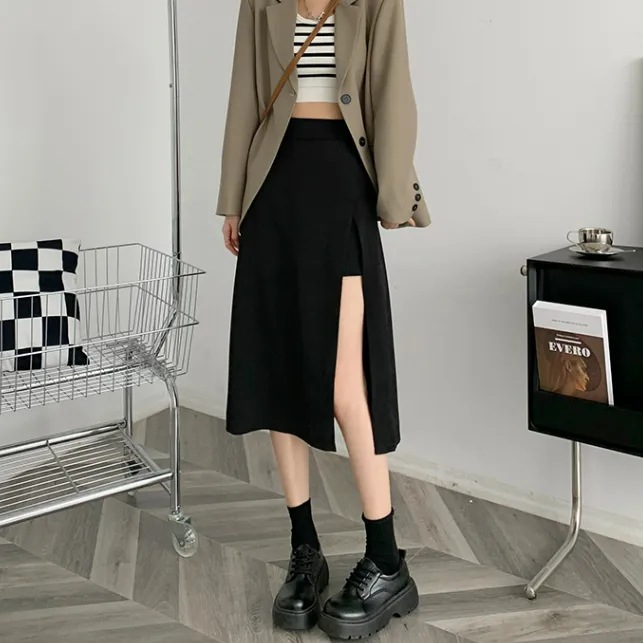 Summer black suit split skirt women's 2023 new small high waist A- line skirt short skirt