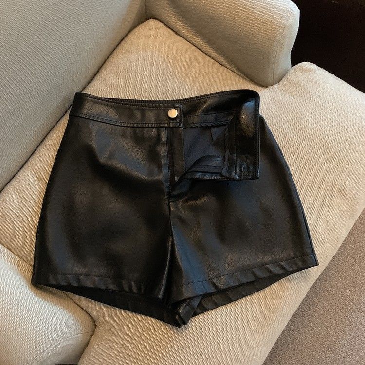 Leather Shorts High Waist Casual Black PU Slim 2023 Pants New Outer Wear Boots Shorts Autumn and Winter Base chubby girl