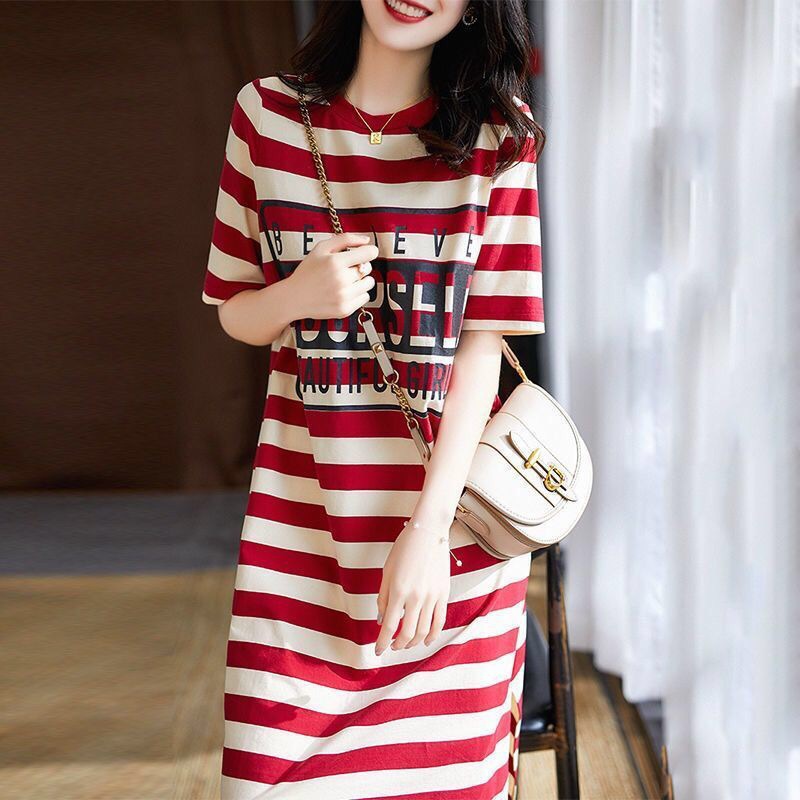 Picture of Maternity clothing summer loose slimming striped printed t-shirt dress Korean style mid-length maternity dress summer clothing