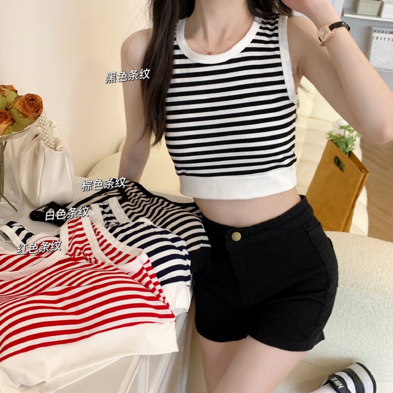 Hong Kong Style New Style Striped Vest Sling Women's Summer Sweet and Hot Style Outer Wear Short Sexy Inner Base Sleeveless Top