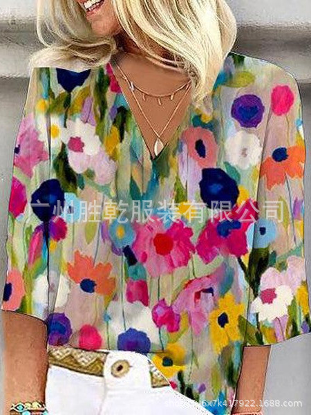 2025 New Cross-Border Export European and American Clothing Spot Amazon V Neck Spring and Summer Short-Sleeved Printed Loose Top T-Blood