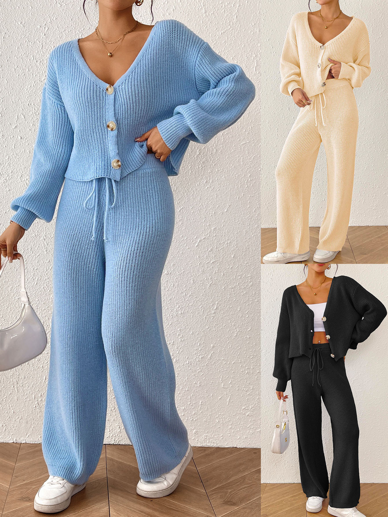 Autumn/winter foreign trade cross-border European and American women's solid-color cardigan, short top, button-drawstring straight-leg wide-leg pants two-piece set