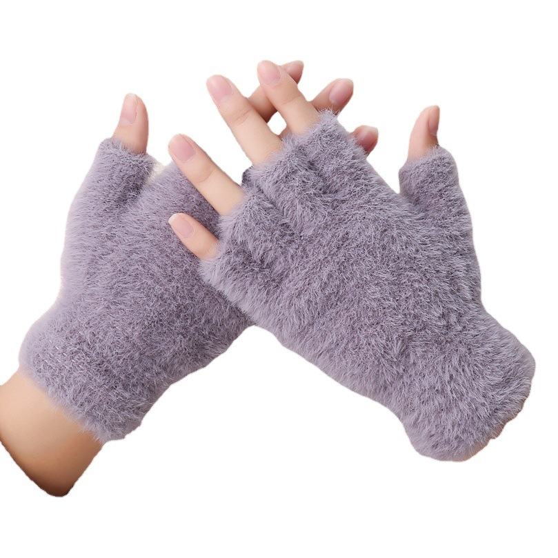 Plush Gloves Autumn and Winter Half Finger Gloves Men and Women Warm Thickened Bag Cover Factory Finger Imitation Mink Mink Mink Mink