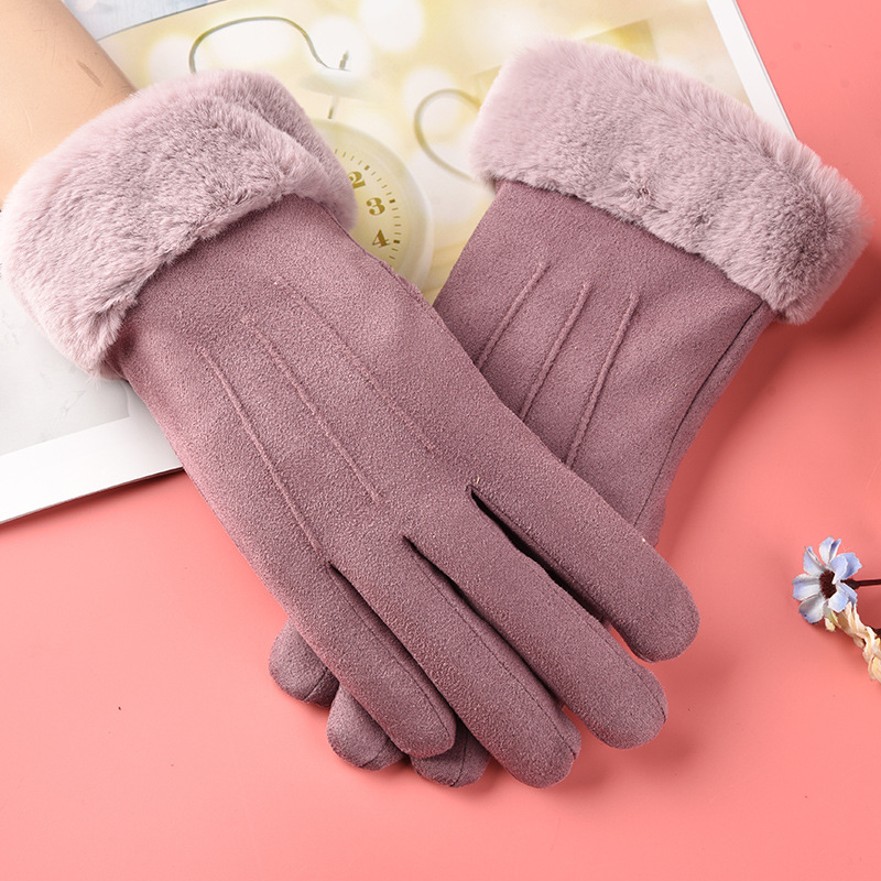 Picture of Autumn and Winter fleece-lined thickened touch screen suede warm gloves cute fashion student outdoor cycling driving stall