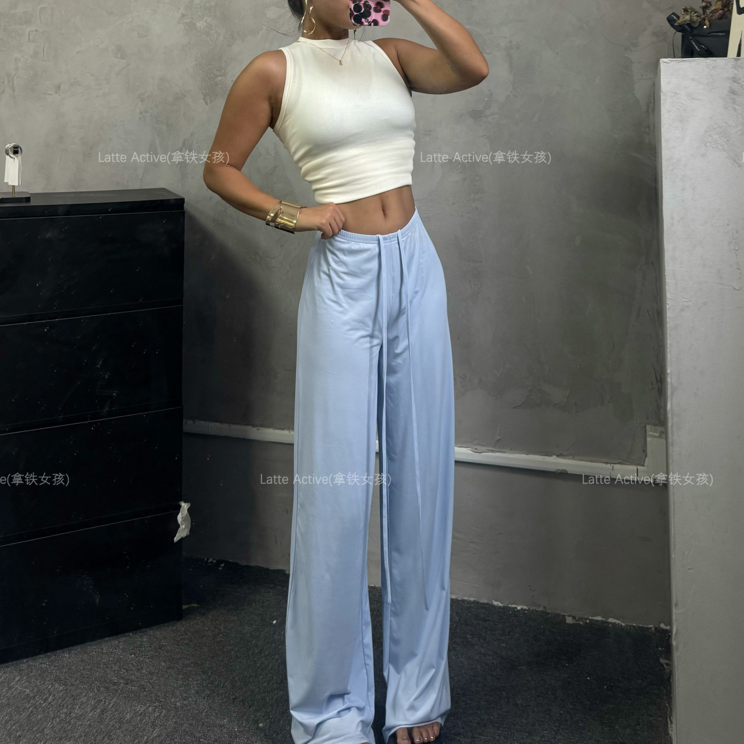 Latte Girl Slim Straight Pants Women's Loose Casual Sports Wide Leg Pants Cool Ice Silk Drape Pants