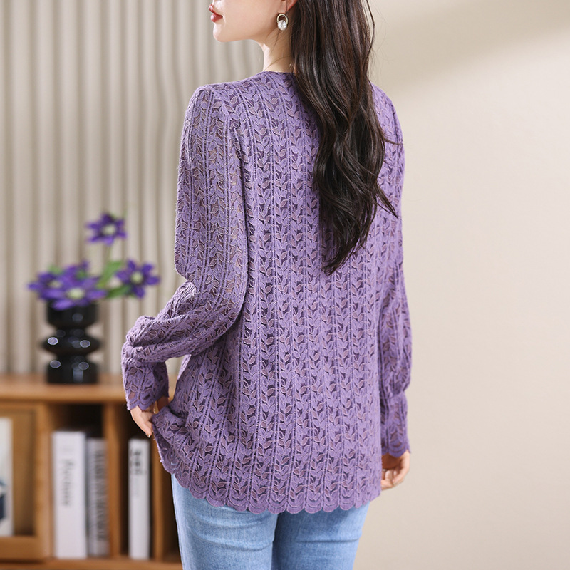 Picture of Plus Size Women's Autum New Fat mm Diamond Lace Shirt, Stylish Round Neck Long-Sleeved Bottoming Top