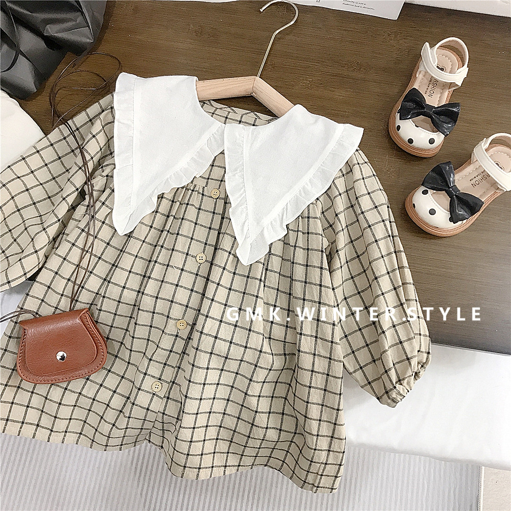 Spring and Autumn Korean style new children's dress cotton and linen lace lapel plaid skirt thin girl dress Mori foreign trade