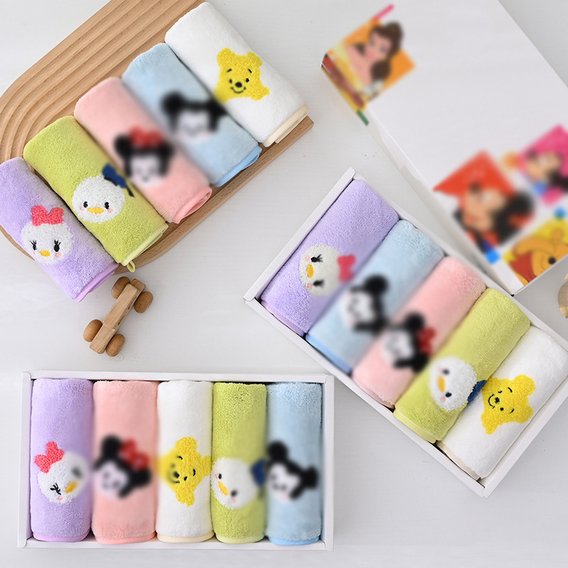 5-Pack Cartoon Children's Small Square Towels Embroidered Coral Fleece Kids' Towels Face Towels Hand Towels Cartoon Embroidery
