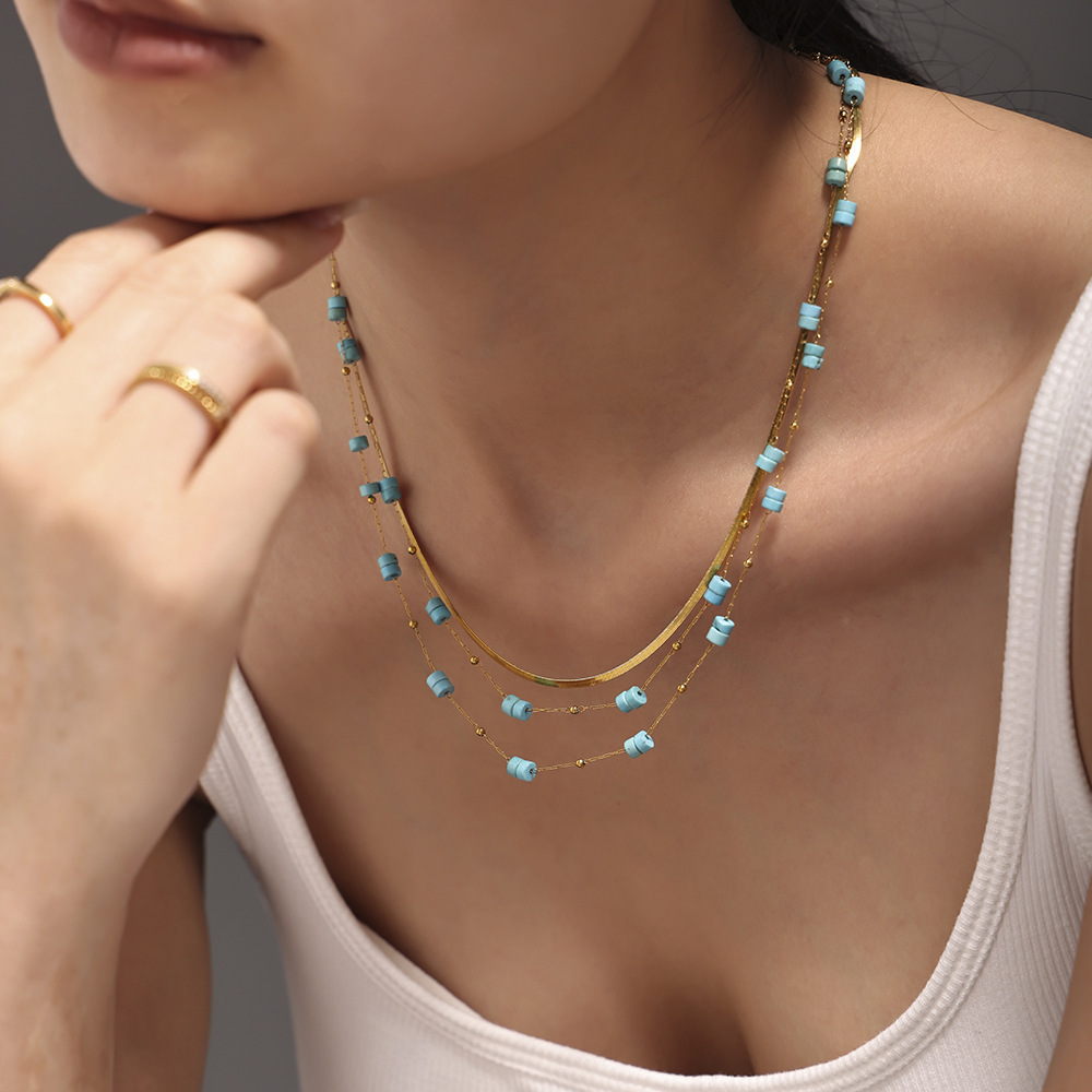 Xinyixin Jewelry European and American Gold Bead Cylindrical Blue Turquoise Handmade Necklace Bracelet Double Layer Overlapping Stainless Steel suit