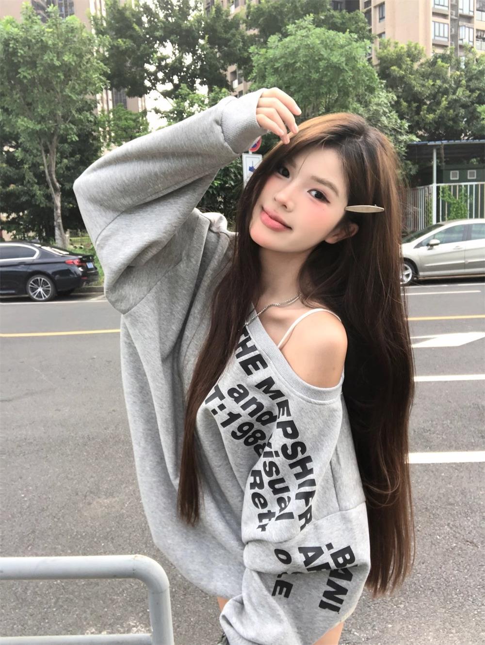 Cross-Border Spring and Autumn New American Letter Print Design Sloping Shoulder Long-Sleeved Sweatshirt Women's Lazy Pullover Top
