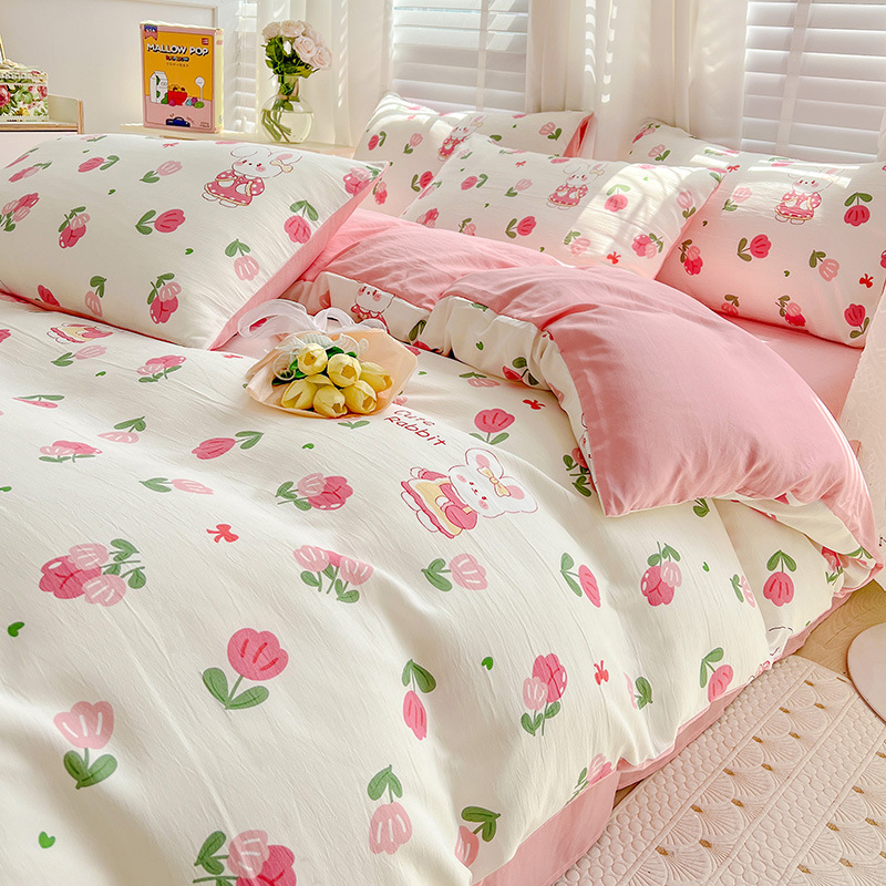 Picture of Class A Washed Double Yarn Cotton and Linen Four-piece Bed Sheet Cover Cover Three-piece Machine Washable Single and Double Bed Top Supplies