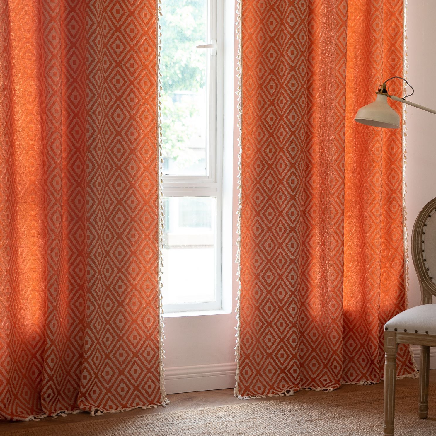 Cross-border curtain finished American bedroom living room vintage Orange tassel chic Jacquard striped country style in stock