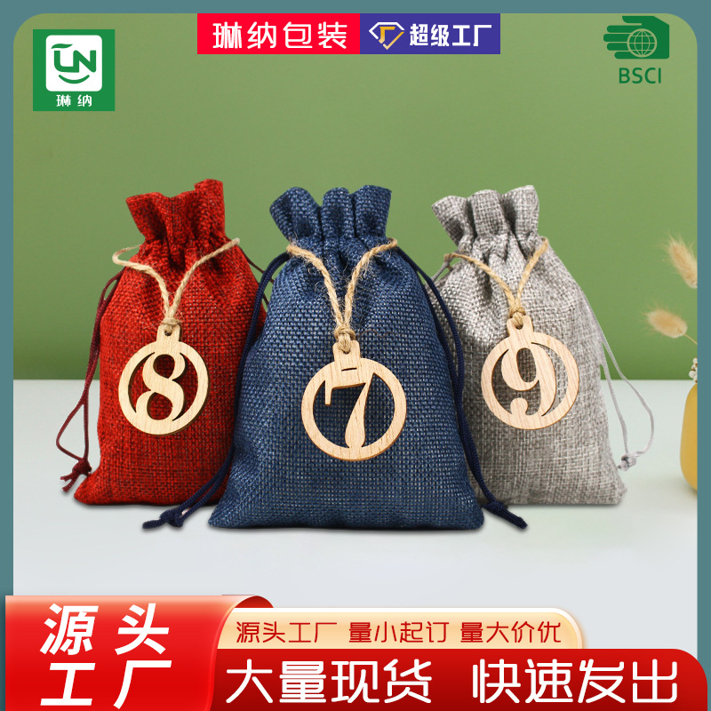 Christmas Advent 1-24 Number Wooden Tags Burlap Bag Gift Tag Combination Set Drawstring Gift Cross-Border Hot Selling