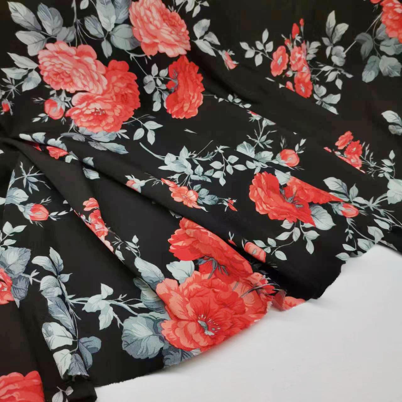 Peony print stretch crinkle chiffon fabric DIY hand made sewing fabric