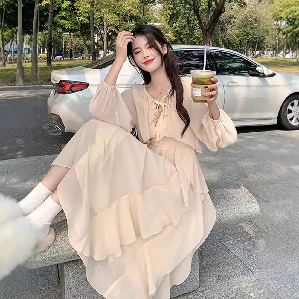 Sling two-piece dress gentle wind milk sweet long skirt 2024 new very fairy ruffled goddess dress