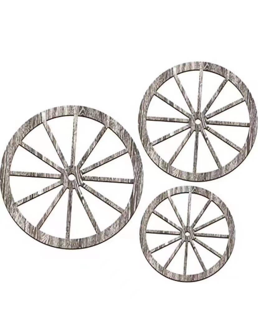 Picture of 3 pieces wooden four-wheeler wall decoration 12/10/8 inch Old Western wooden four-wheel wall art farmhouse four-wheeler