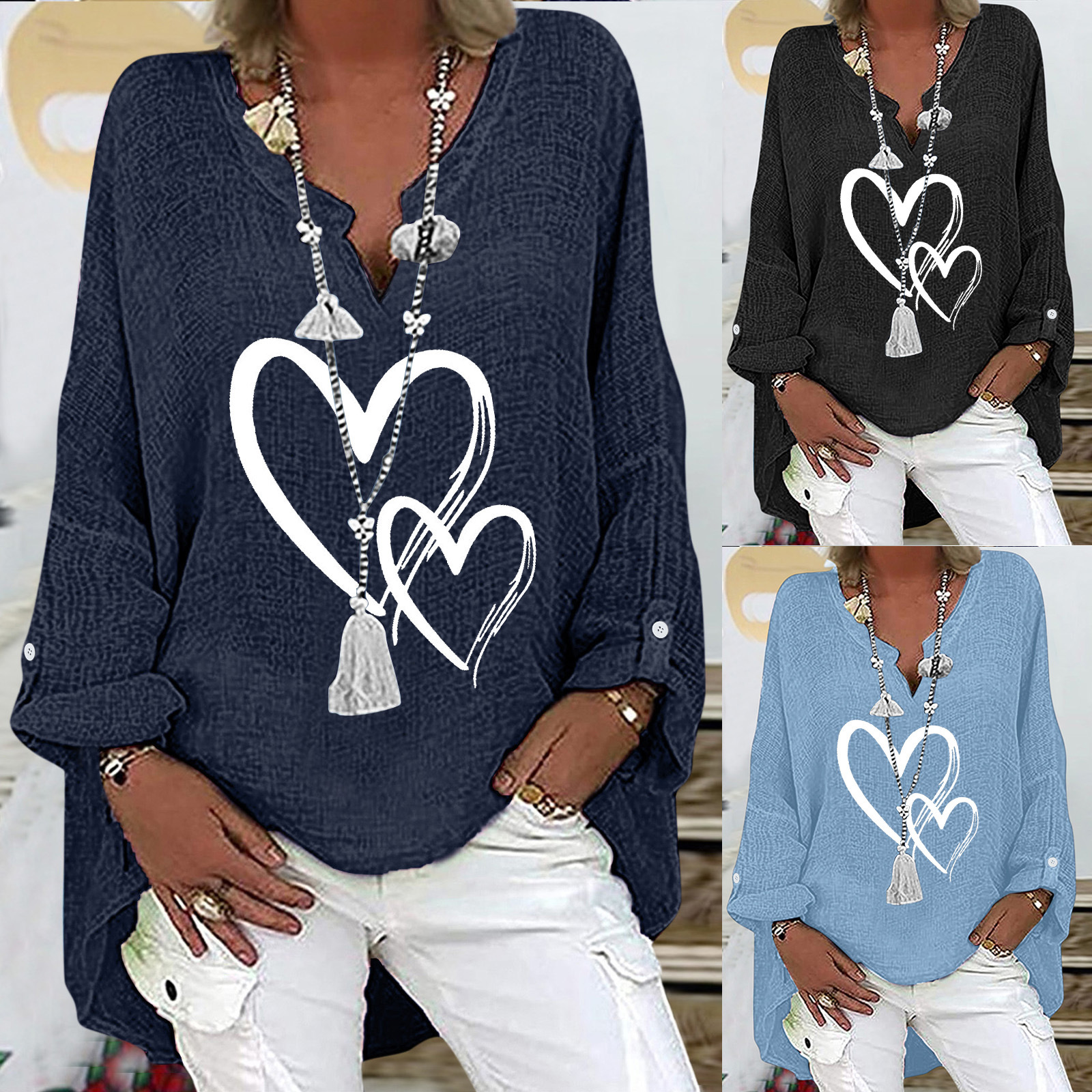 Amazon wish best selling European and American women's top love creative printing V-neck cotton and linen long sleeve shirt women's in stock