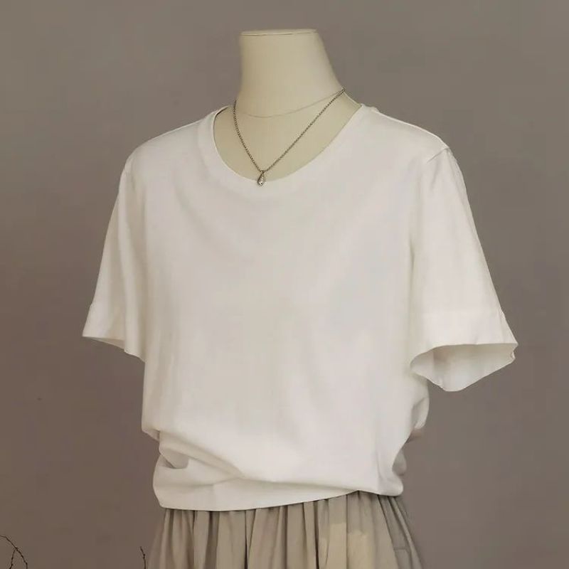 Modal Basic Round Neck Shoulder Thin Solid Color Short-sleeved T-shirt Women's Slimming All-match Base T-shirt Top