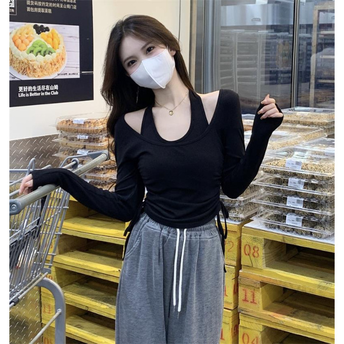 Picture of Spring and Autumn Korean version of the new personality hanging neck long sleeve T-shirt women's ins chic figure base shirt wholesale