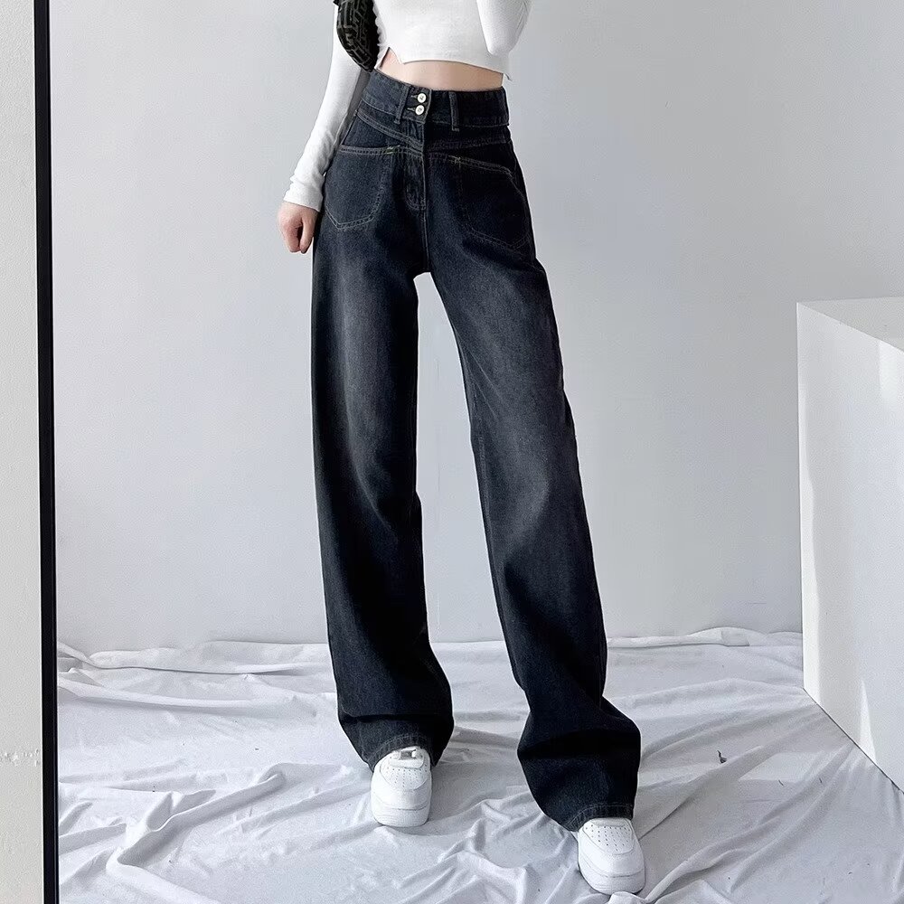 Black Mop Loose Slimming High Waist Straight Wide Leg Narrow Jeans Women's Summer 2024 New Trendy Trousers