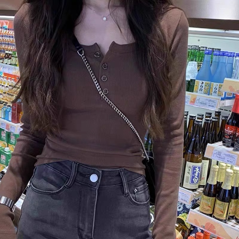 High Elastic Thread Button Sexy Base Shirt 2023 Autumn New Shoulder Long-sleeved T-shirt Women's Slim-fit Slimming Top