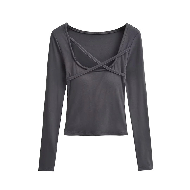 Picture of Ins Spice Girl Square Collar Cross Rope with Chest Pad Long-sleeved T-shirt Autumn New Light Mature Pure Slim-fit Short Base Shirt